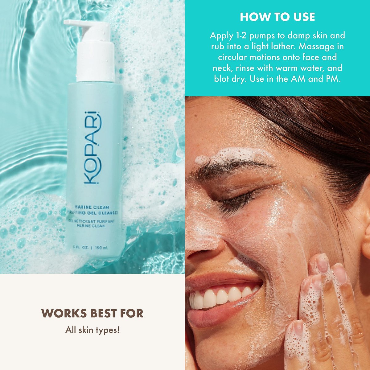 Kopari Marine Clean Purifying Gel Cleanser – Amino Acid & Vitamin B5 Infused, Gentle Gel-to-Foam Face Wash, 5 oz Avelisse