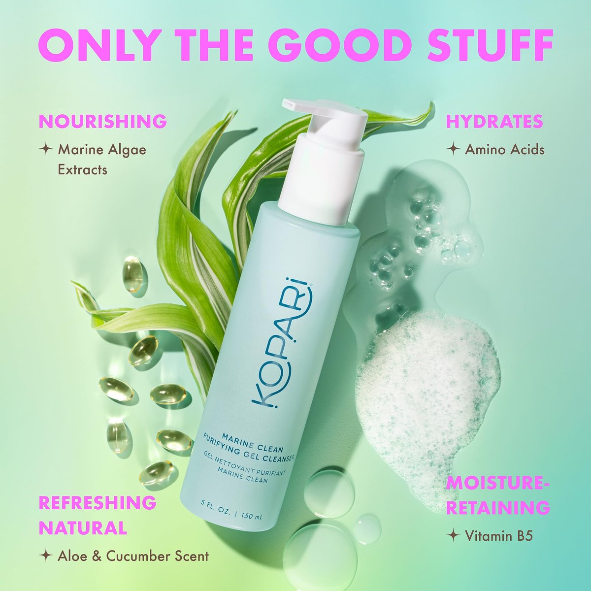 Kopari Marine Clean Purifying Gel Cleanser – Amino Acid & Vitamin B5 Infused, Gentle Gel-to-Foam Face Wash, 5 oz Avelisse