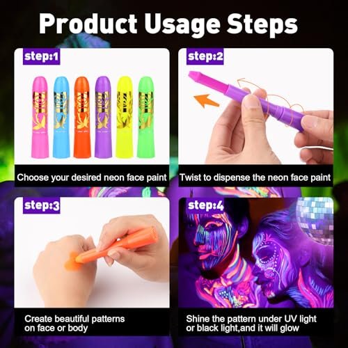VESPRO 15 Colors Glow Body & Face Paint Set - Neon UV Body Paint for Kids & Adults, Glow in the Dark Party Supplies for Halloween, Birthday, Club, Masquerade - görsel 8
