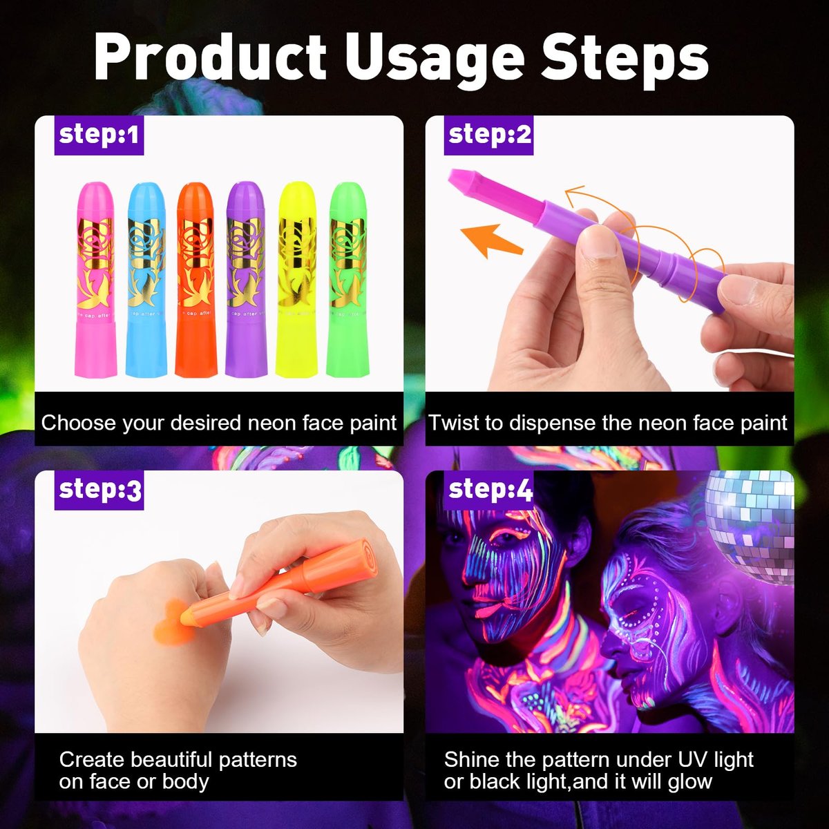 VESPRO 15 Colors Glow Body & Face Paint Set - Neon UV Body Paint for Kids & Adults, Glow in the Dark Party Supplies for Halloween, Birthday, Club, Masquerade - görsel 7