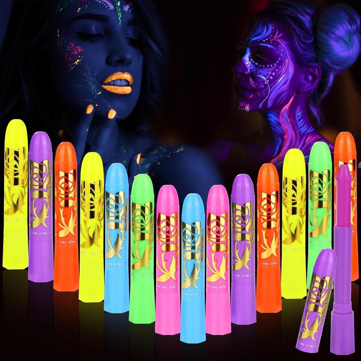 VESPRO 15 Colors Glow Body & Face Paint Set - Neon UV Body Paint for Kids & Adults, Glow in the Dark Party Supplies for Halloween, Birthday, Club, Masquerade - görsel 1