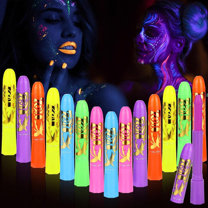 VESPRO 15 Colors Glow Body & Face Paint Set - Neon UV Body Paint for Kids & Adults, Glow in the Dark Party Supplies for Halloween, Birthday, Club, Masquerade