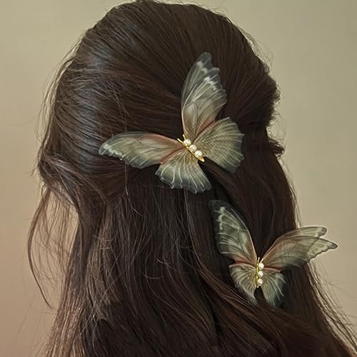 Jumwrit 2pcs Butterfly Hair Clips - Boho Big Pearl Green 3D Moving Wings Fairy Hairpin for Women Girls Avelisse