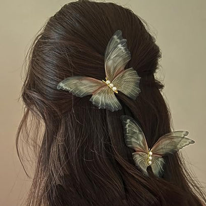 Jumwrit 2pcs Butterfly Hair Clips - Boho Big Pearl Green 3D Moving Wings Fairy Hairpin for Women Girls Avelisse