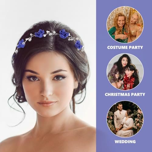 WOFASHPURET Blue Rose Pearl Hairband - Rhinestone Wedding Headband for Brides & Flower Girls - Elegant Navy Floral Hair Vine, 11.81 In - görsel 6