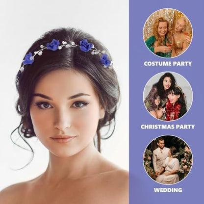 WOFASHPURET Blue Rose Pearl Hairband - Rhinestone Wedding Headband for Brides & Flower Girls - Elegant Navy Floral Hair Vine, 11.81 In