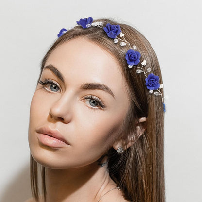 WOFASHPURET Blue Rose Pearl Hairband - Rhinestone Wedding Headband for Brides & Flower Girls - Elegant Navy Floral Hair Vine, 11.81 In
