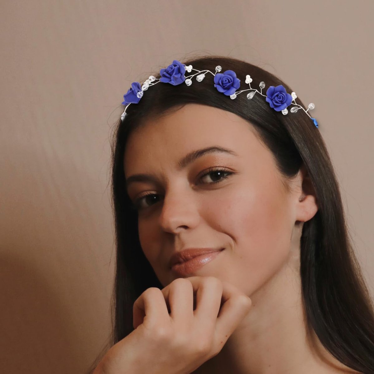WOFASHPURET Blue Rose Pearl Hairband - Rhinestone Wedding Headband for Brides & Flower Girls - Elegant Navy Floral Hair Vine, 11.81 In - görsel 11