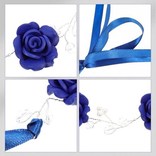 WOFASHPURET Blue Rose Pearl Hairband - Rhinestone Wedding Headband for Brides & Flower Girls - Elegant Navy Floral Hair Vine, 11.81 In - görsel 16