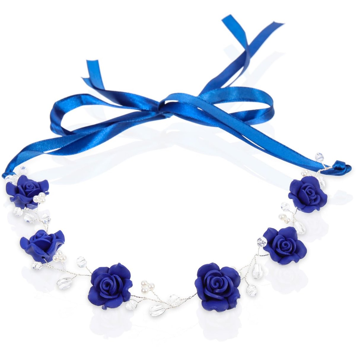 WOFASHPURET Blue Rose Pearl Hairband - Rhinestone Wedding Headband for Brides & Flower Girls - Elegant Navy Floral Hair Vine, 11.81 In - görsel 1