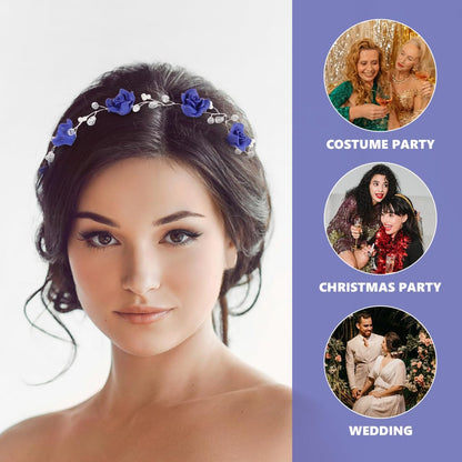 WOFASHPURET Blue Rose Pearl Hairband - Rhinestone Wedding Headband for Brides & Flower Girls - Elegant Navy Floral Hair Vine, 11.81 In