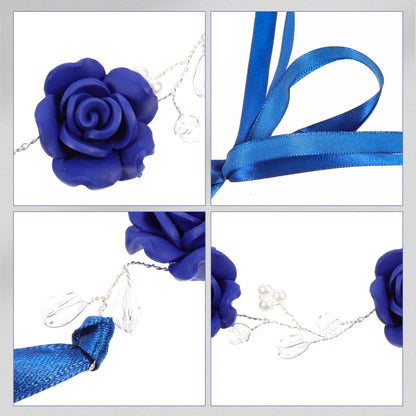 WOFASHPURET Blue Rose Pearl Hairband - Rhinestone Wedding Headband for Brides & Flower Girls - Elegant Navy Floral Hair Vine, 11.81 In