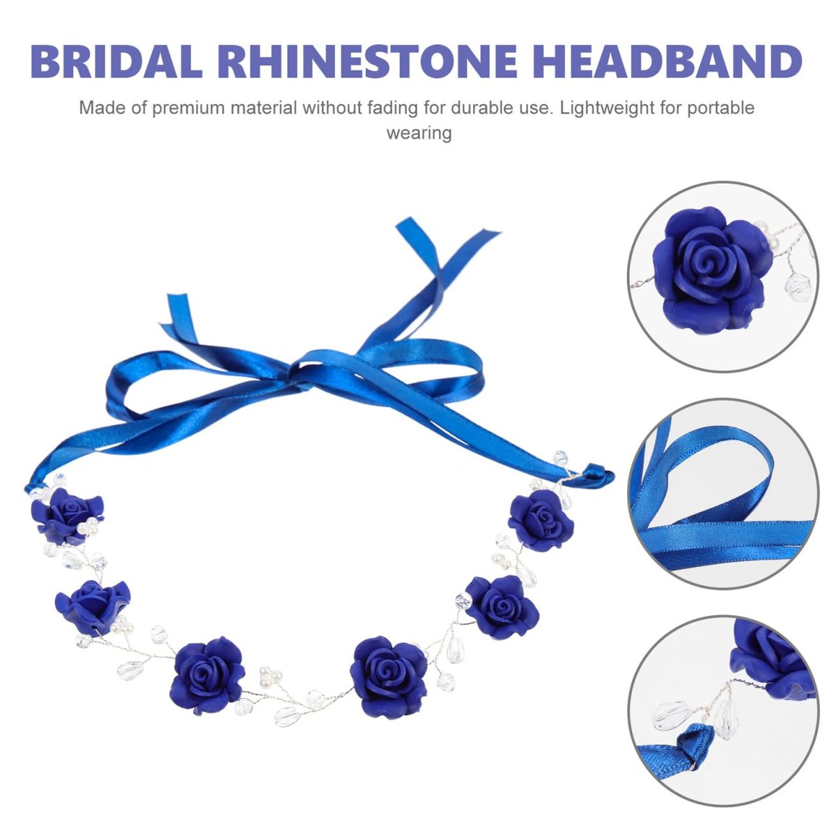 WOFASHPURET Blue Rose Pearl Hairband - Rhinestone Wedding Headband for Brides & Flower Girls - Elegant Navy Floral Hair Vine, 11.81 In - görsel 7