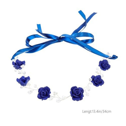 WOFASHPURET Blue Rose Pearl Hairband - Rhinestone Wedding Headband for Brides & Flower Girls - Elegant Navy Floral Hair Vine, 11.81 In