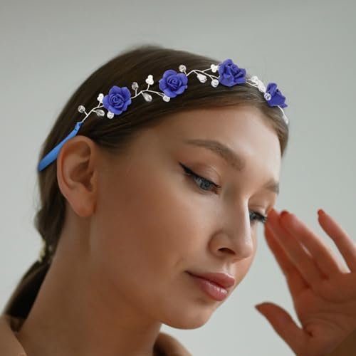 WOFASHPURET Blue Rose Pearl Hairband - Rhinestone Wedding Headband for Brides & Flower Girls - Elegant Navy Floral Hair Vine, 11.81 In - görsel 14