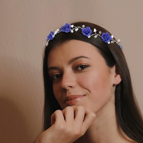 WOFASHPURET Blue Rose Pearl Hairband - Rhinestone Wedding Headband for Brides & Flower Girls - Elegant Navy Floral Hair Vine, 11.81 In - görsel 12