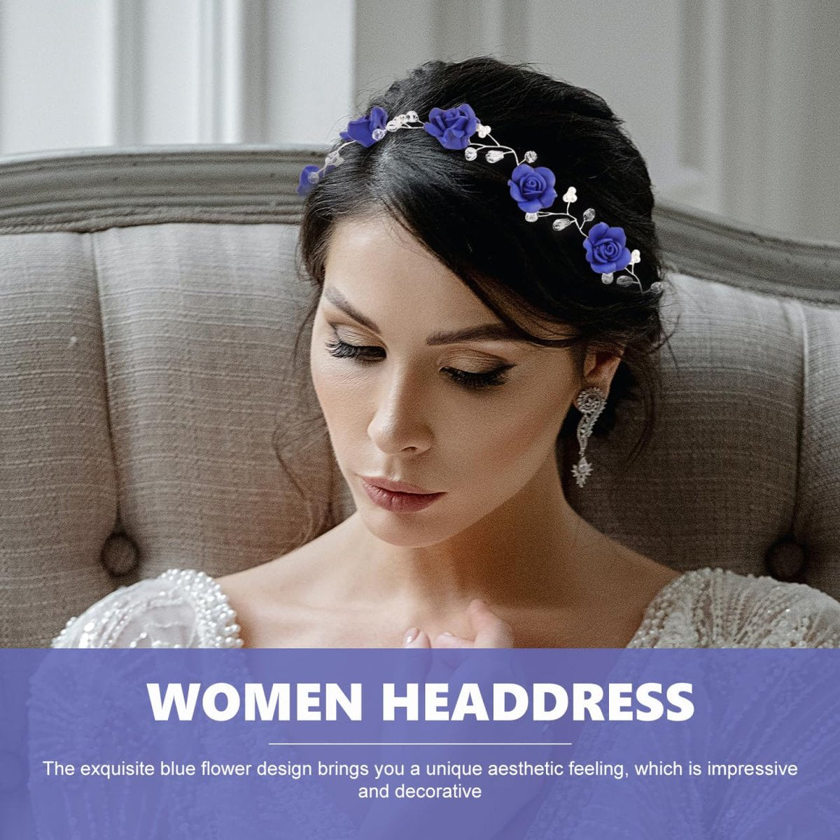 WOFASHPURET Blue Rose Pearl Hairband - Rhinestone Wedding Headband for Brides & Flower Girls - Elegant Navy Floral Hair Vine, 11.81 In - görsel 3