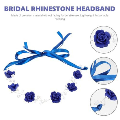WOFASHPURET Blue Rose Pearl Hairband - Rhinestone Wedding Headband for Brides & Flower Girls - Elegant Navy Floral Hair Vine, 11.81 In