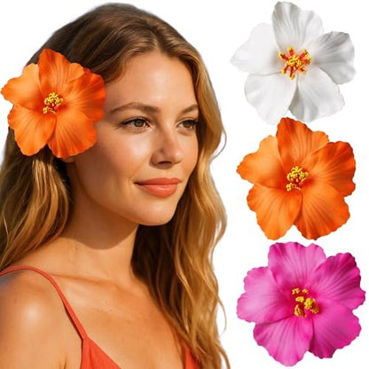 3 Pack Hawaiian Flower Hair Clips – 3.5" Tropical Plumeria & Hibiscus Hair Clips for Women, Beach, Luau, Wedding Accessories