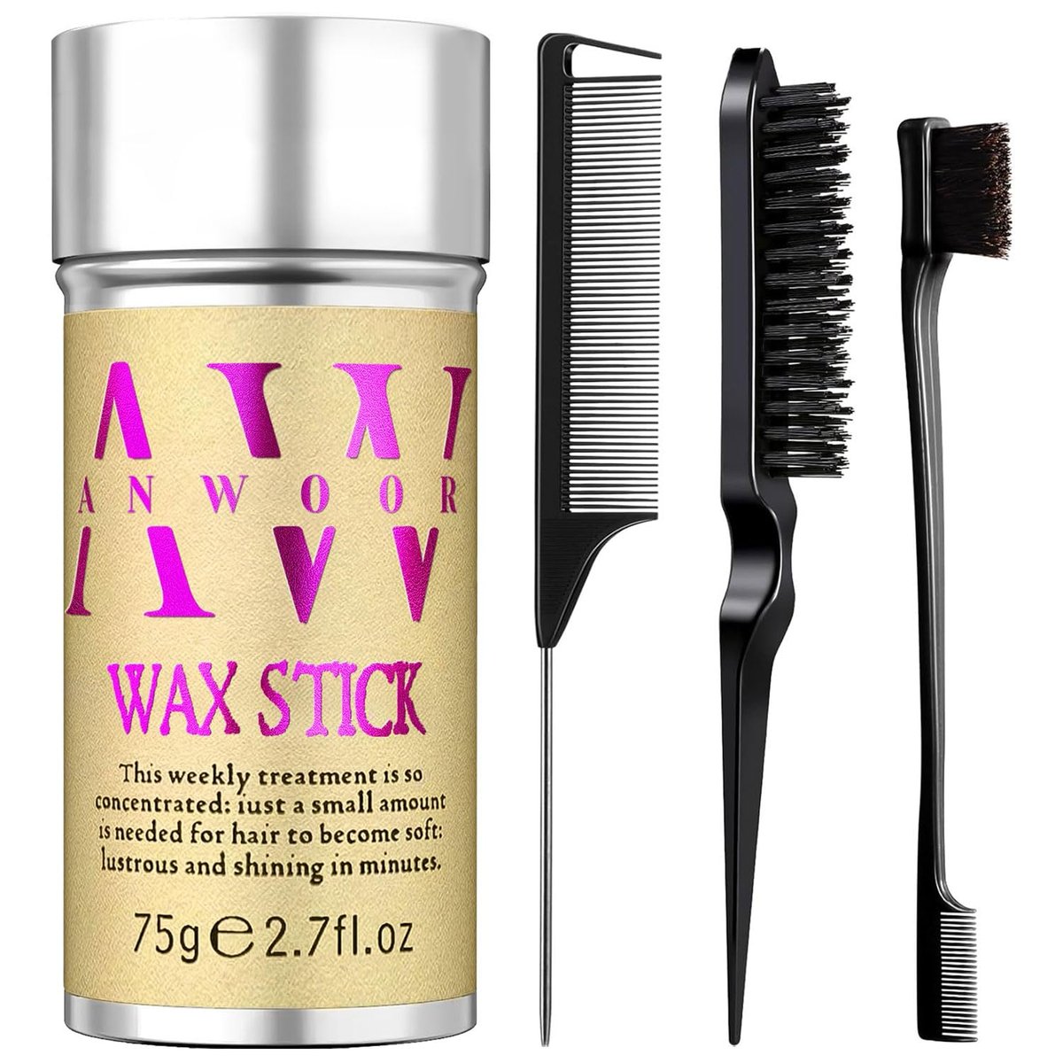 AnWoor 4-Piece Edge Brush & Slick Back Hair Stick Set – Smooth Flyaways, Baby Hair, and Braiding with Rat Tail Comb & Teasing Brush - görsel 1