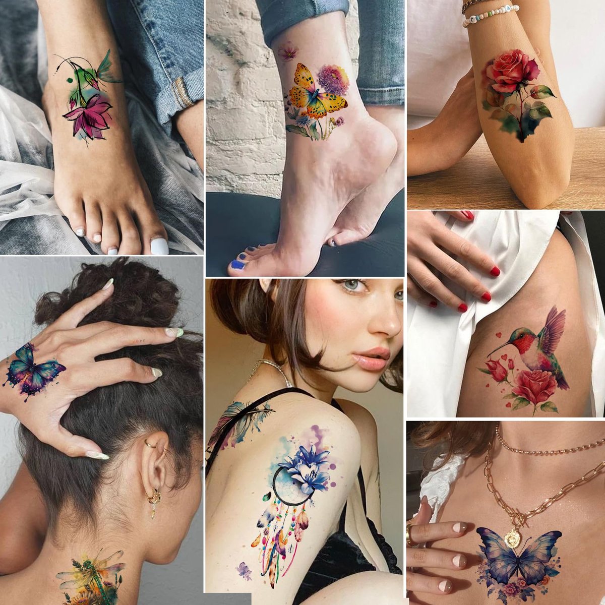 Tazimi Large 3D Watercolor Temporary Tattoos for Women – 9 Sheets Colorful Flower, Hummingbird & Butterfly Realistic Long-Lasting Waterproof Body Art - görsel 8
