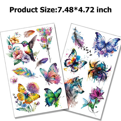 Tazimi Large 3D Watercolor Temporary Tattoos for Women – 9 Sheets Colorful Flower, Hummingbird & Butterfly Realistic Long-Lasting Waterproof Body Art