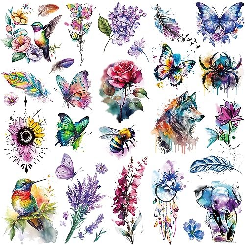 Tazimi Large 3D Watercolor Temporary Tattoos for Women – 9 Sheets Colorful Flower, Hummingbird & Butterfly Realistic Long-Lasting Waterproof Body Art - görsel 1