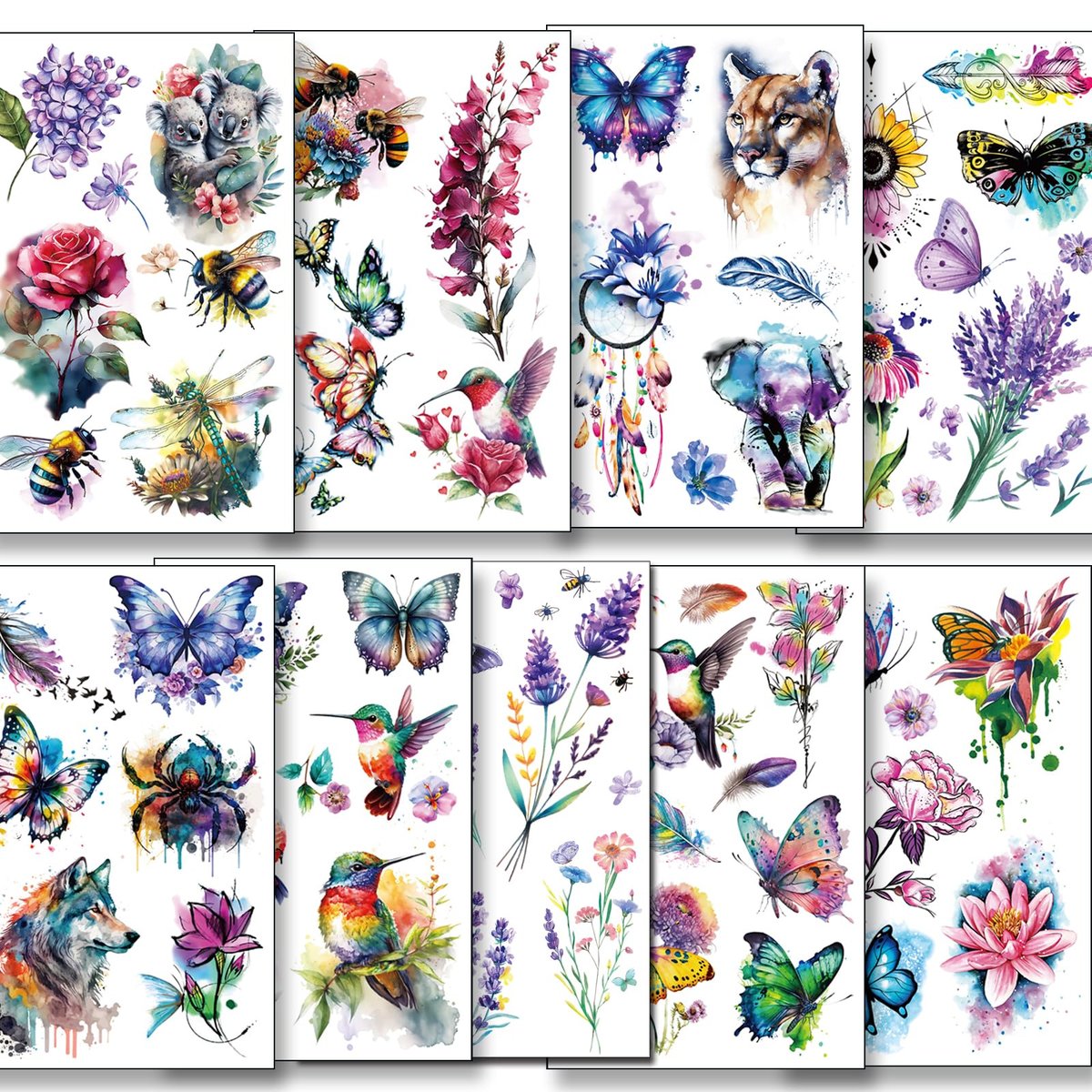 Tazimi Large 3D Watercolor Temporary Tattoos for Women – 9 Sheets Colorful Flower, Hummingbird & Butterfly Realistic Long-Lasting Waterproof Body Art - görsel 4