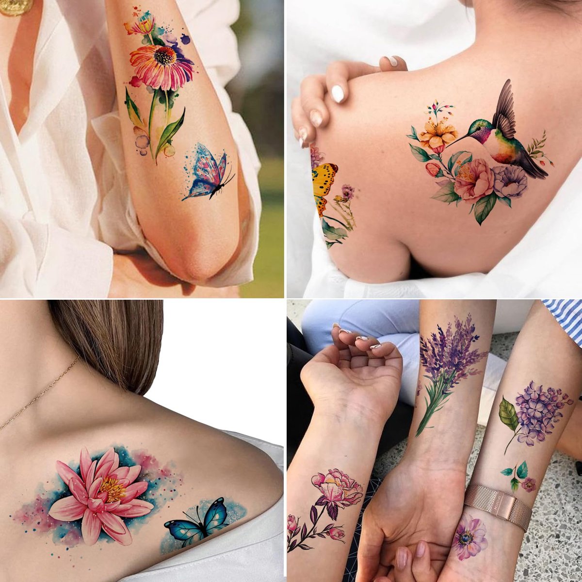 Tazimi Large 3D Watercolor Temporary Tattoos for Women – 9 Sheets Colorful Flower, Hummingbird & Butterfly Realistic Long-Lasting Waterproof Body Art - görsel 12