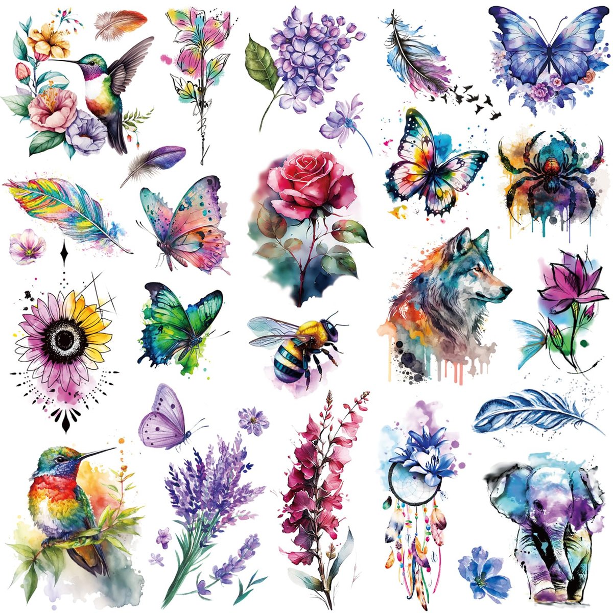 Tazimi Large 3D Watercolor Temporary Tattoos for Women – 9 Sheets Colorful Flower, Hummingbird & Butterfly Realistic Long-Lasting Waterproof Body Art - görsel 2