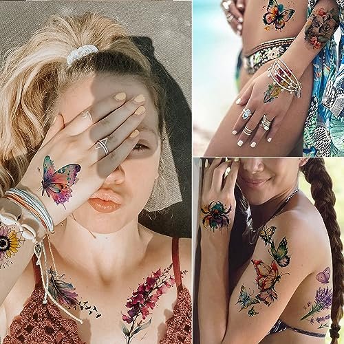 Tazimi Large 3D Watercolor Temporary Tattoos for Women – 9 Sheets Colorful Flower, Hummingbird & Butterfly Realistic Long-Lasting Waterproof Body Art - görsel 5