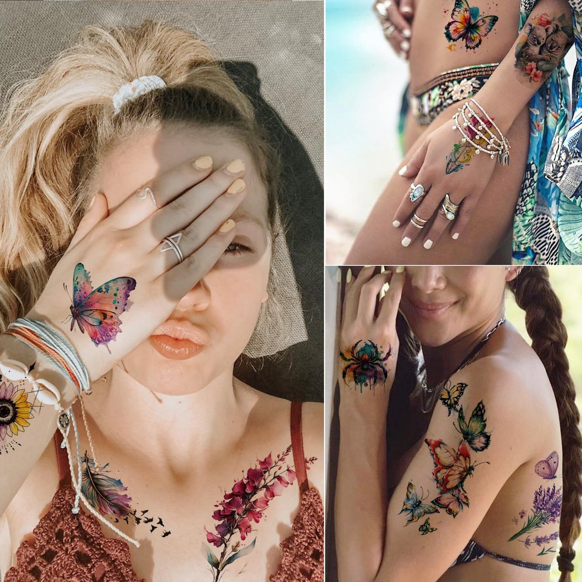 Tazimi Large 3D Watercolor Temporary Tattoos for Women – 9 Sheets Colorful Flower, Hummingbird & Butterfly Realistic Long-Lasting Waterproof Body Art - görsel 6