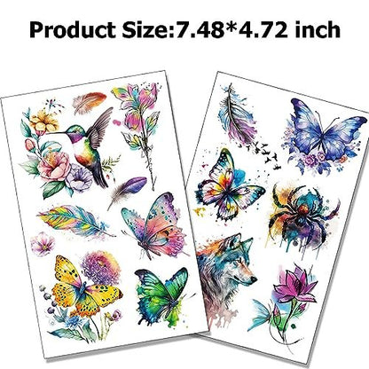 Tazimi Large 3D Watercolor Temporary Tattoos for Women – 9 Sheets Colorful Flower, Hummingbird & Butterfly Realistic Long-Lasting Waterproof Body Art