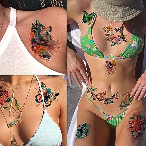 Tazimi Large 3D Watercolor Temporary Tattoos for Women – 9 Sheets Colorful Flower, Hummingbird & Butterfly Realistic Long-Lasting Waterproof Body Art - görsel 9
