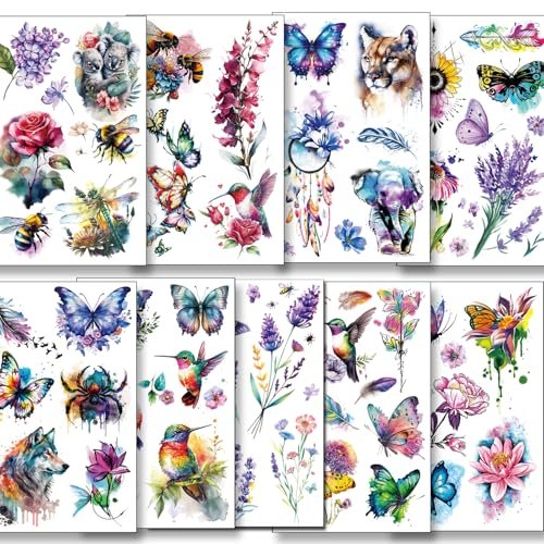 Tazimi Large 3D Watercolor Temporary Tattoos for Women – 9 Sheets Colorful Flower, Hummingbird & Butterfly Realistic Long-Lasting Waterproof Body Art - görsel 3