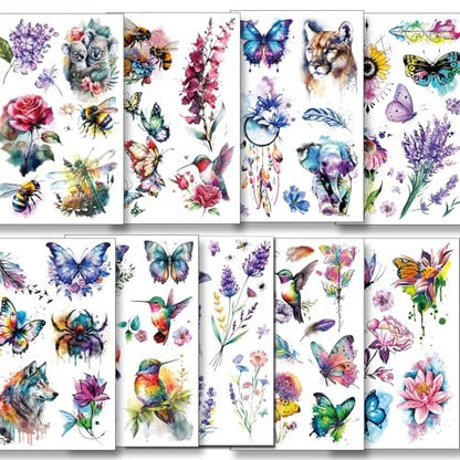 Tazimi Large 3D Watercolor Temporary Tattoos for Women – 9 Sheets Colorful Flower, Hummingbird & Butterfly Realistic Long-Lasting Waterproof Body Art