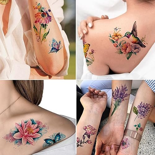 Tazimi Large 3D Watercolor Temporary Tattoos for Women – 9 Sheets Colorful Flower, Hummingbird & Butterfly Realistic Long-Lasting Waterproof Body Art - görsel 11