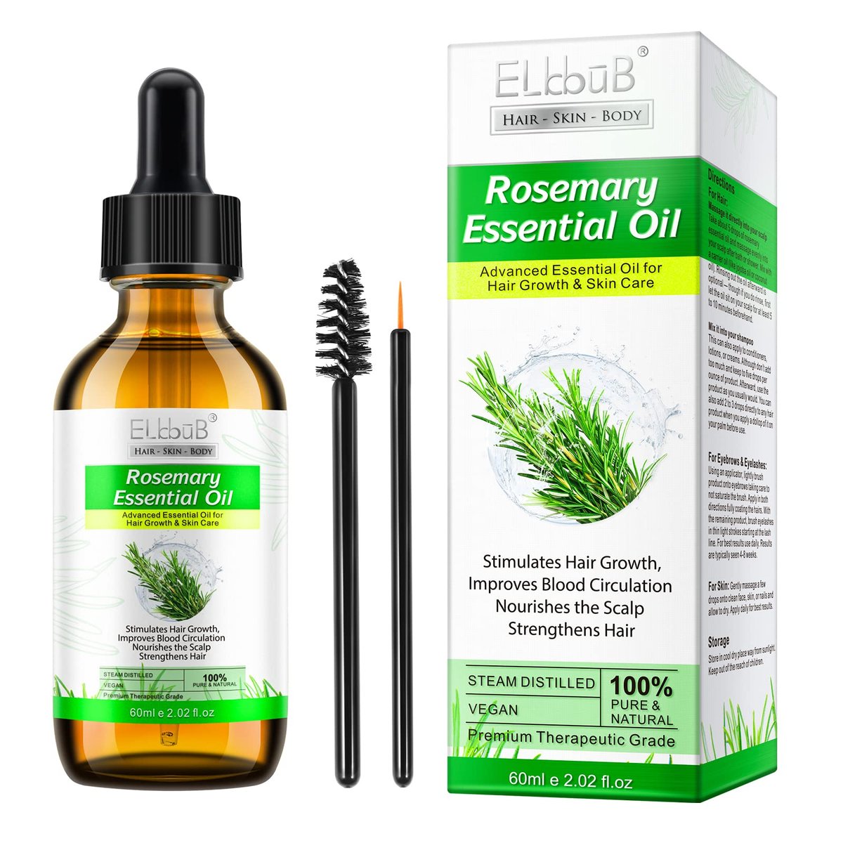 ELBBUB 100% Pure Rosemary Essential Oil for Hair Growth & Skin Care - 60ml (2 Fl Oz) Nourishes Scalp, Stimulates Hair Regrowth for Men & Women Avelisse