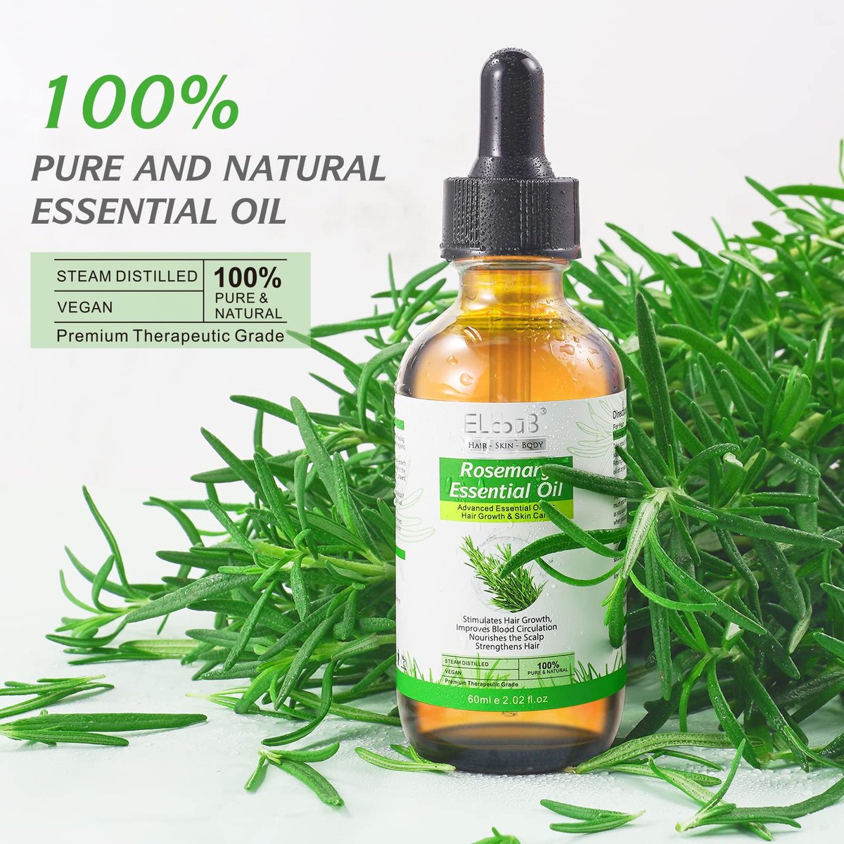 ELBBUB 100% Pure Rosemary Essential Oil for Hair Growth & Skin Care - 60ml (2 Fl Oz) Nourishes Scalp, Stimulates Hair Regrowth for Men & Women Avelisse
