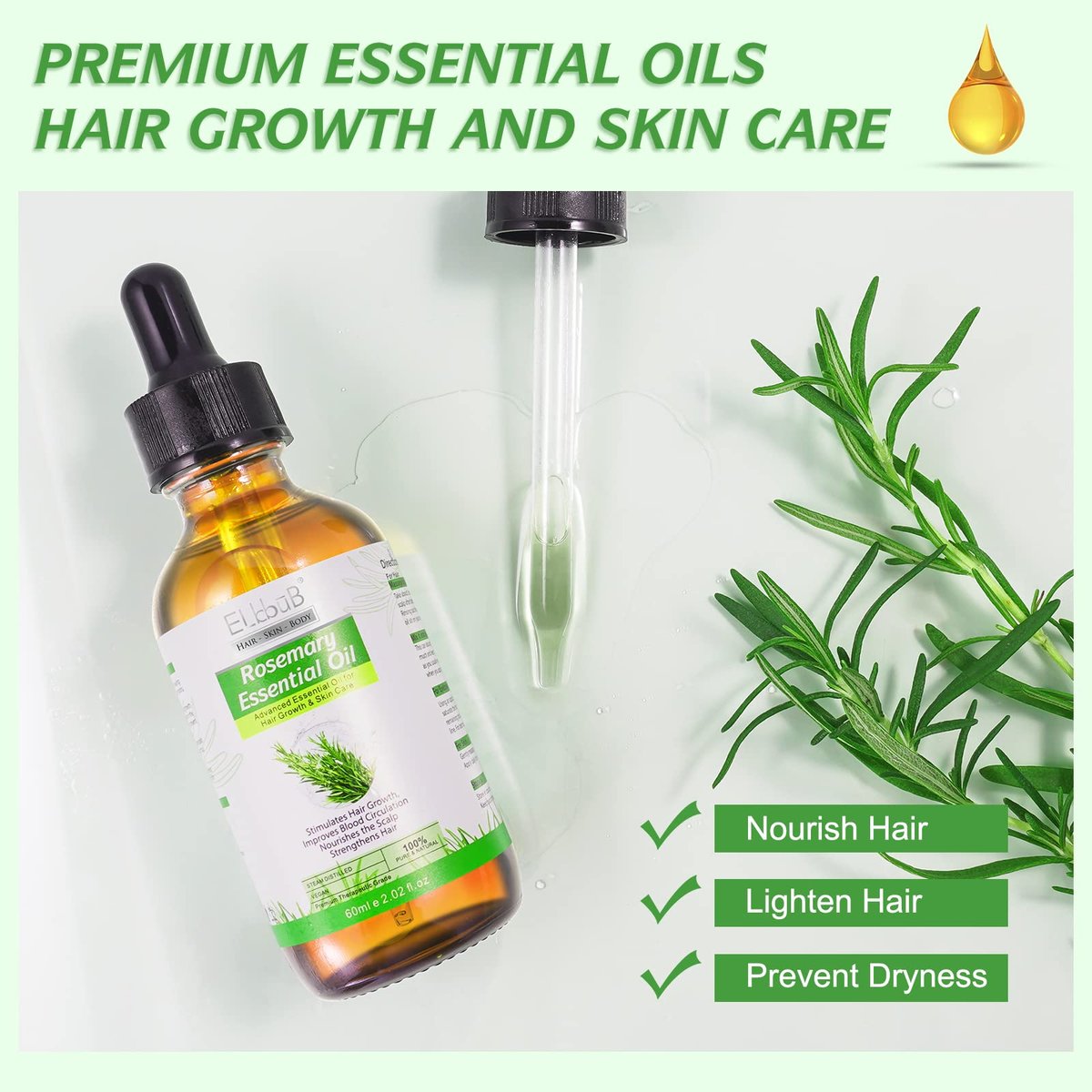 ELBBUB 100% Pure Rosemary Essential Oil for Hair Growth & Skin Care - 60ml (2 Fl Oz) Nourishes Scalp, Stimulates Hair Regrowth for Men & Women Avelisse
