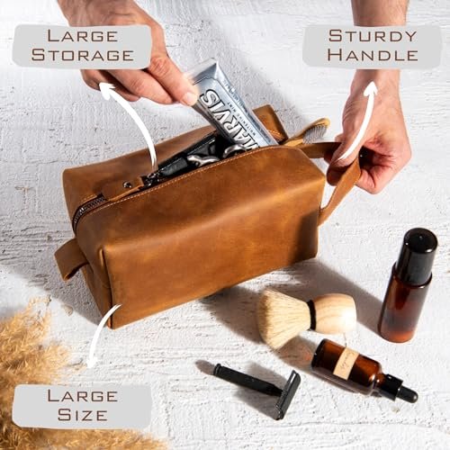 Pera Leather Personalized Leather Toiletry Bag for Men – Custom Dopp Kit with Name or Initial, Travel Gift for Groomsmen, Husband, Dad, Boyfriend Avelisse