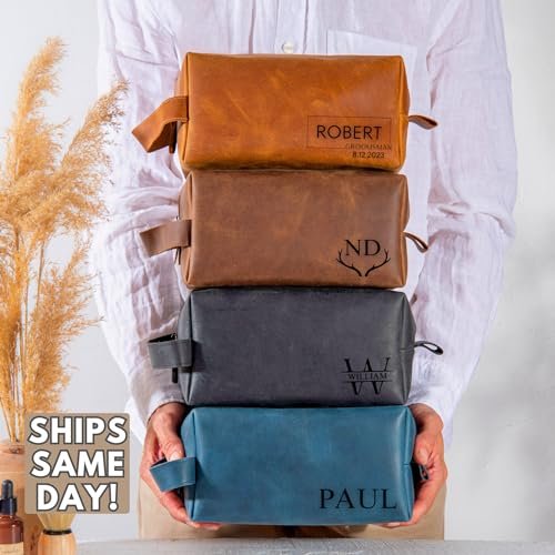 Pera Leather Personalized Leather Toiletry Bag for Men – Custom Dopp Kit with Name or Initial, Travel Gift for Groomsmen, Husband, Dad, Boyfriend Avelisse