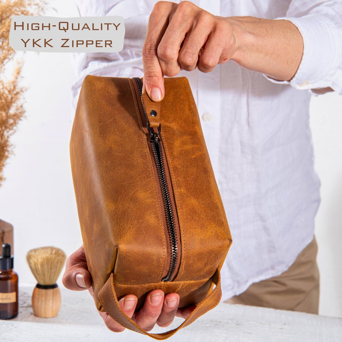 Pera Leather Personalized Leather Toiletry Bag for Men – Custom Dopp Kit with Name or Initial, Travel Gift for Groomsmen, Husband, Dad, Boyfriend Avelisse