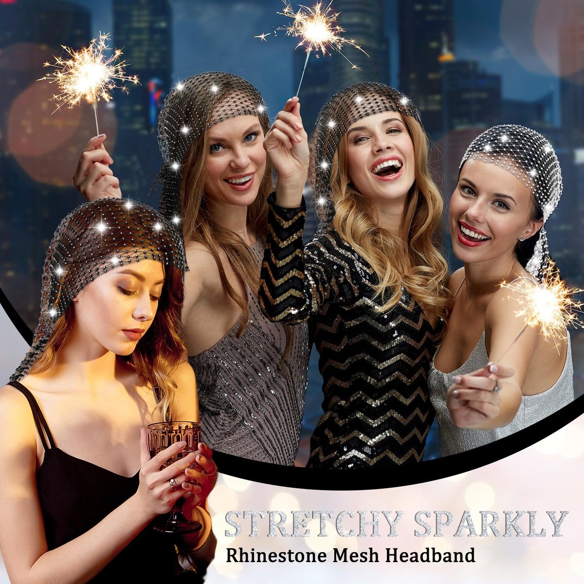 Yuxung 2-Pack Rhinestone Head Scarf Mesh Headbands – Sparkly Festival Accessories for Women, 70s Disco Glitter Hair Wrap & Crystal Chainmail Beaded Headpiece Avelisse
