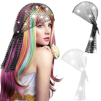 Yuxung 2-Pack Rhinestone Head Scarf Mesh Headbands – Sparkly Festival Accessories for Women, 70s Disco Glitter Hair Wrap & Crystal Chainmail Beaded Headpiece Avelisse