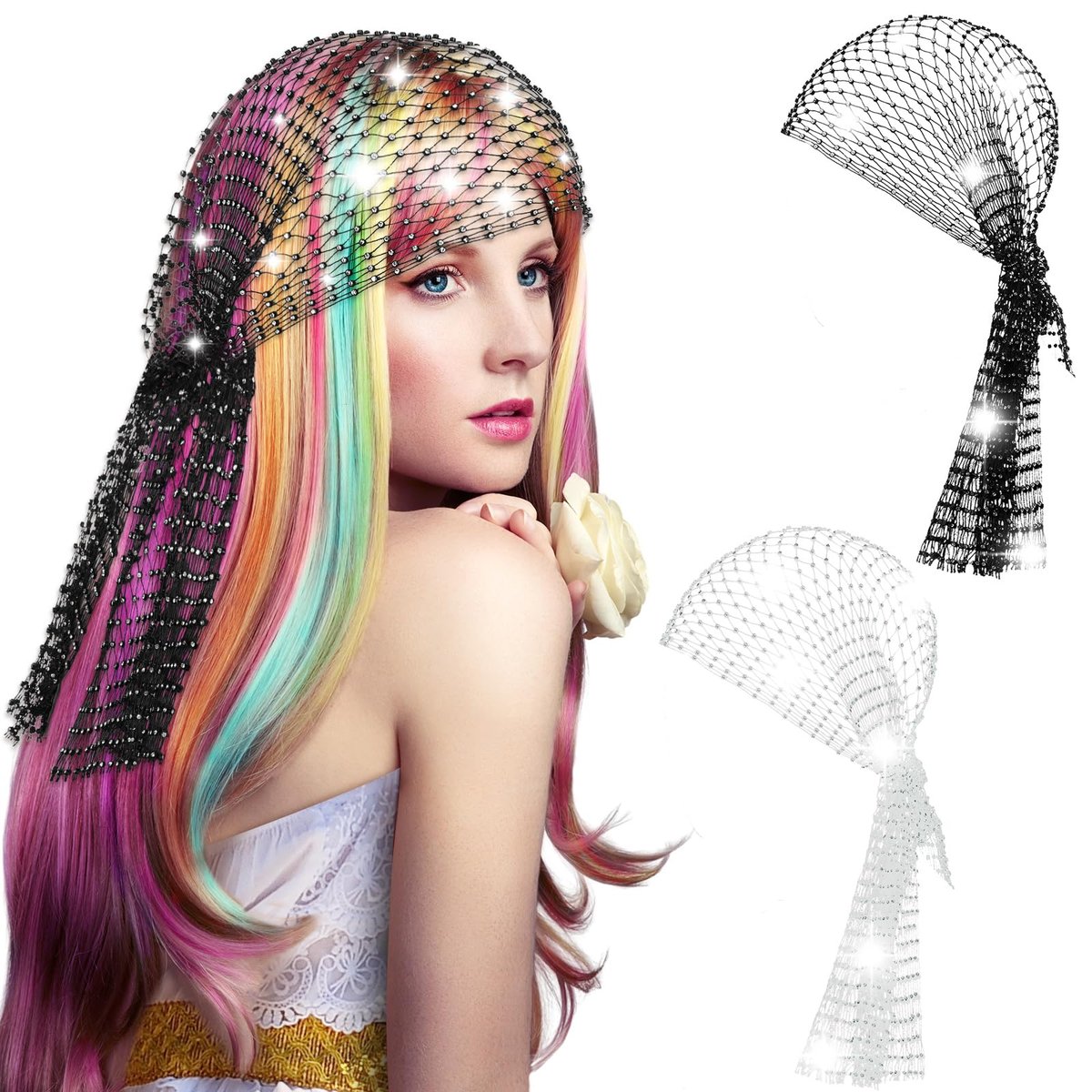 Yuxung 2-Pack Rhinestone Head Scarf Mesh Headbands – Sparkly Festival Accessories for Women, 70s Disco Glitter Hair Wrap & Crystal Chainmail Beaded Headpiece Avelisse