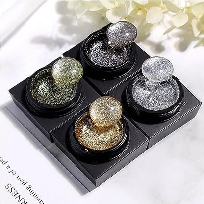 Silver Metal Glitter Gel Nail Polish 4 Colors Set - Painted Metal Platinum Drawing Gel for DIY Nail Art, Soak Off, 0.17 Fl Oz Each