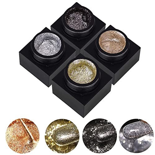 Silver Metal Glitter Gel Nail Polish 4 Colors Set - Painted Metal Platinum Drawing Gel for DIY Nail Art, Soak Off, 0.17 Fl Oz Each - görsel 2