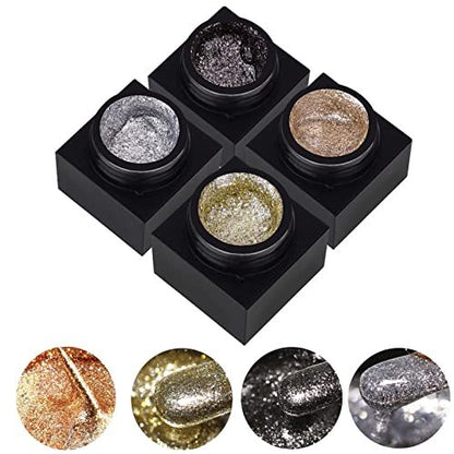 Silver Metal Glitter Gel Nail Polish 4 Colors Set - Painted Metal Platinum Drawing Gel for DIY Nail Art, Soak Off, 0.17 Fl Oz Each