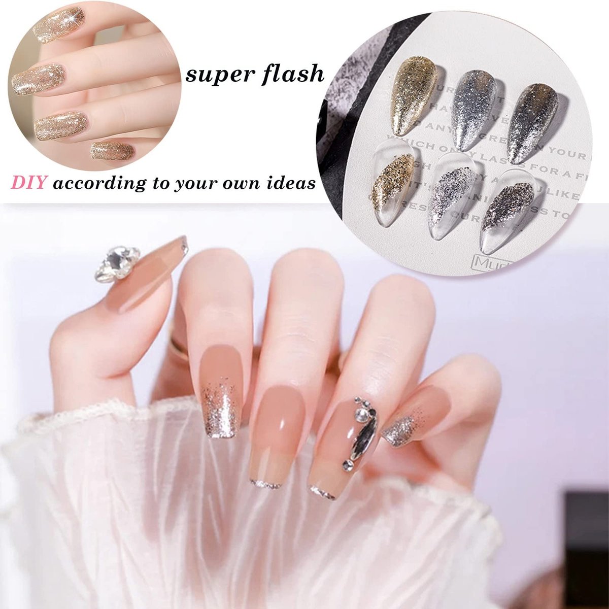 Silver Metal Glitter Gel Nail Polish 4 Colors Set - Painted Metal Platinum Drawing Gel for DIY Nail Art, Soak Off, 0.17 Fl Oz Each - görsel 5